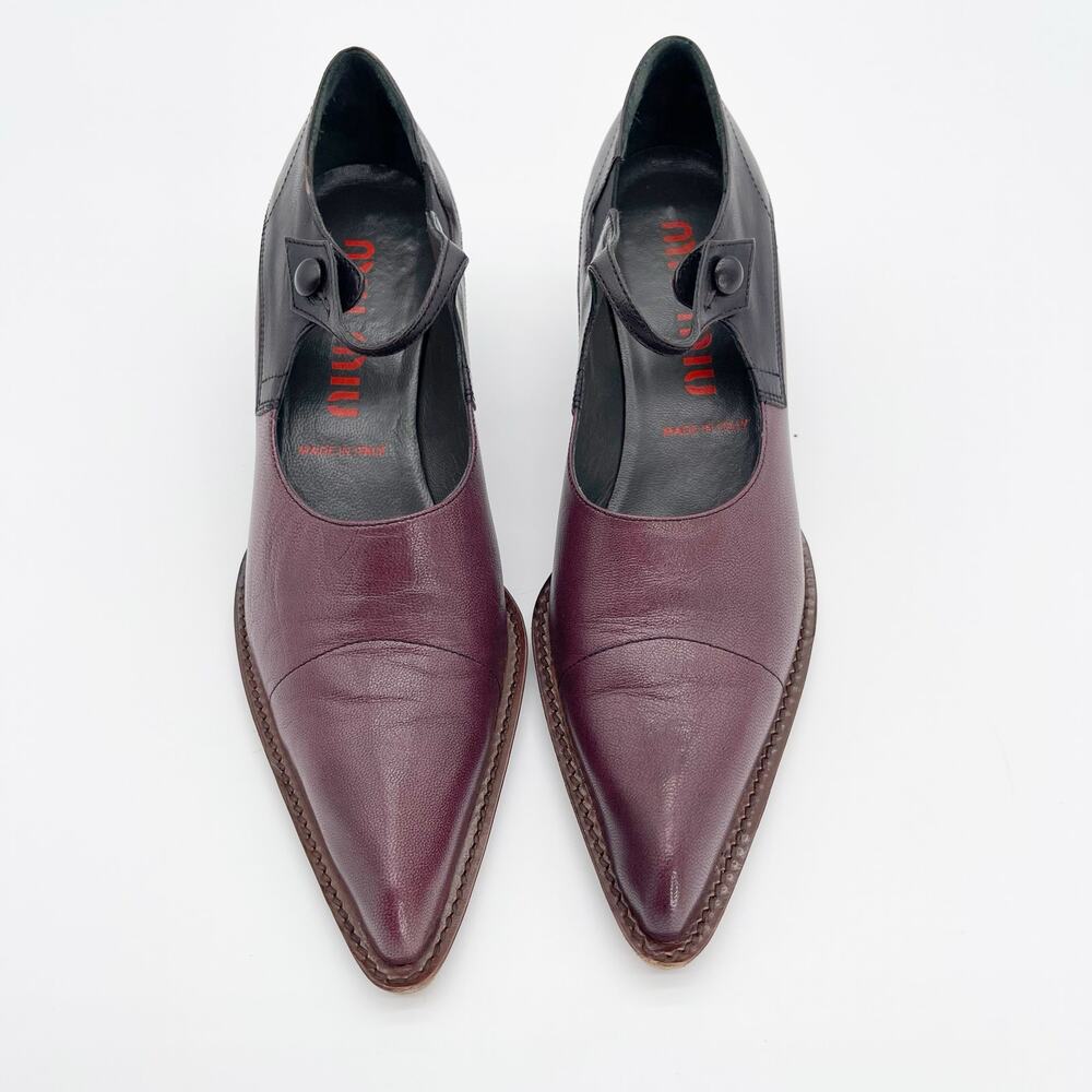 Miu Miu 90s Vintage Burgundy Black Leather Mary Jane Kitten Heel Pumps IT 37.5 - Picture 5 of 11